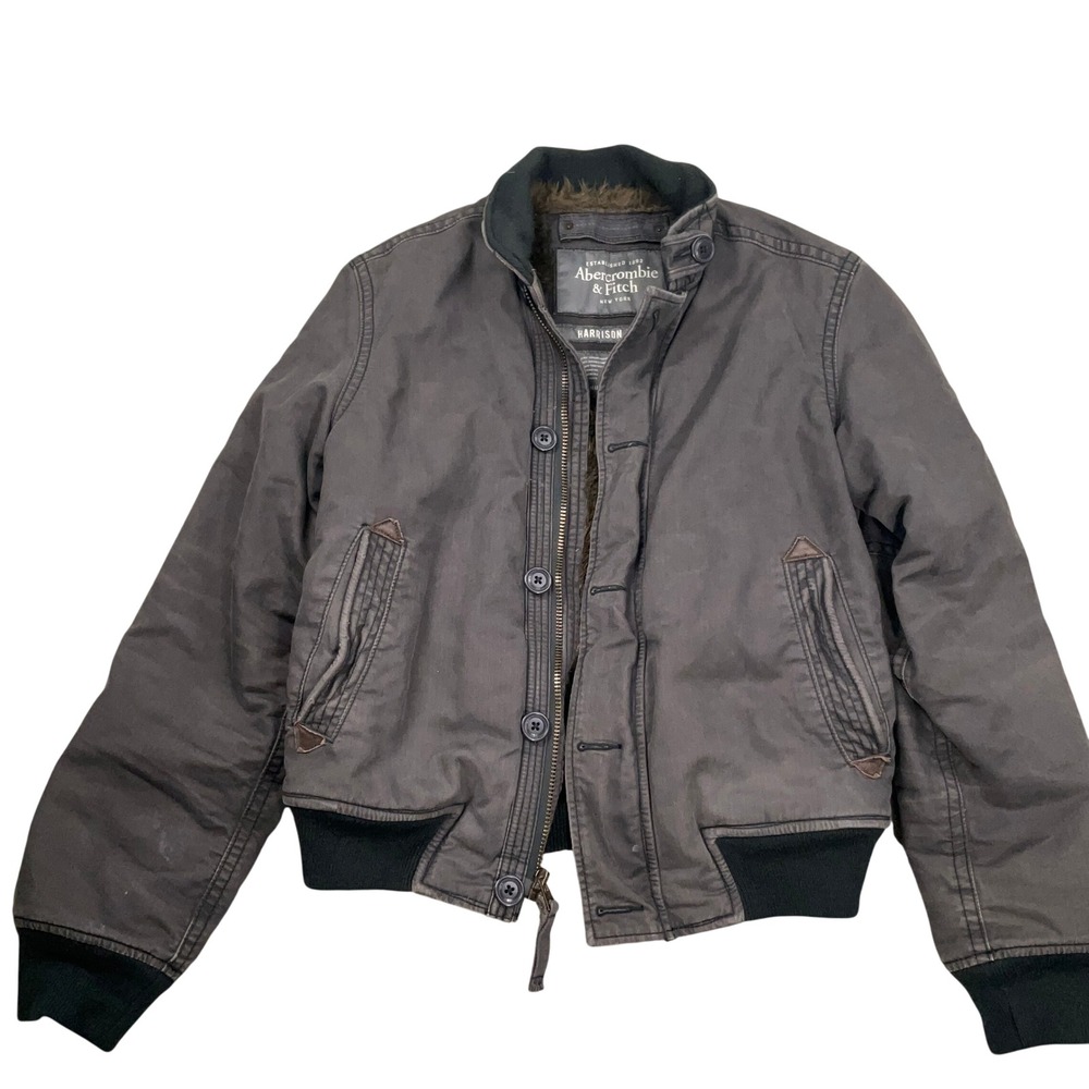 Abercrombie & Fitch Harrison Jacket Mens M Gray Faux Fur Lined Bomber